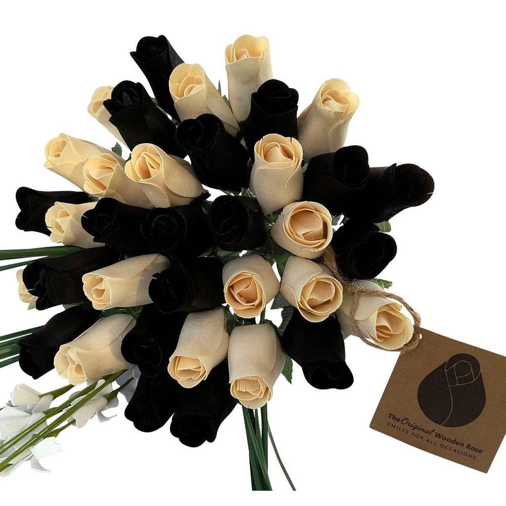 3 Dozen Black and White Wooden Rose Flower Bouquet. The Original Wooden Rose